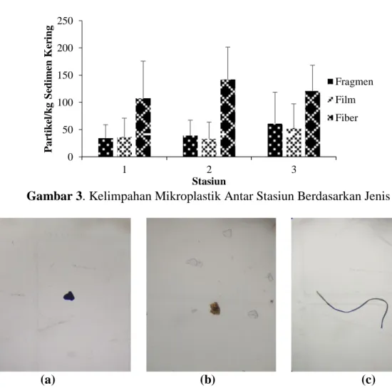 Gambar 4. Jenis Mikroplastik yang Ditemukan di Pesisir Kota Pariaman  Keterangan : (a) Fragmen, (b) Film, (c) Fiber 