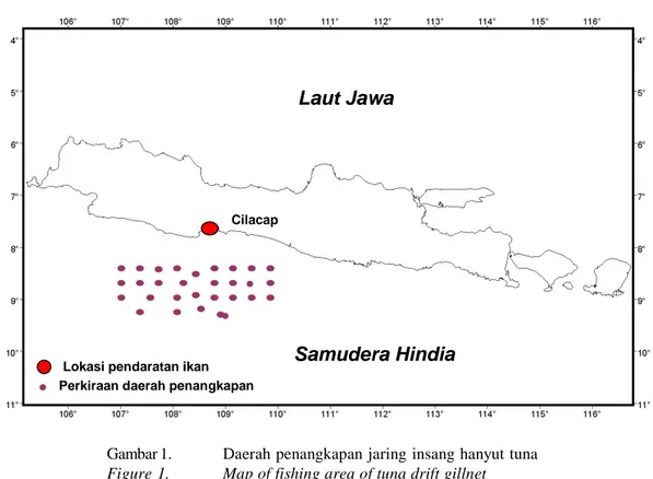 Gambar 1. Daerah penangkapan jaring insang hanyut tuna Figure 1. Map of fishing area of tuna drift gillnet
