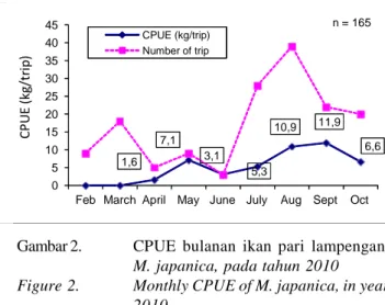 Gambar 2. CPUE bulanan ikan pari lampengan, M. japanica, pada tahun 2010 Figure 2. Monthly CPUE of M