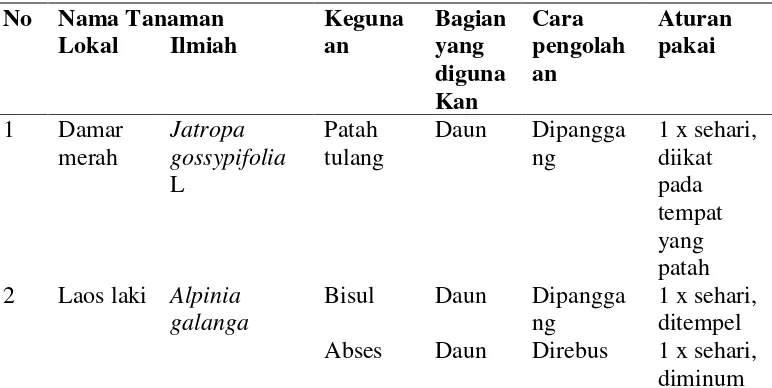 Tabel 1. Jenis Tanaman  Obat yang Digunakan Oleh Masyarakat     Kelurahan 
