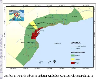 Gambar 11 Peta distribusi kepadatan penduduk Kota Luwuk (Bappeda 2011) 