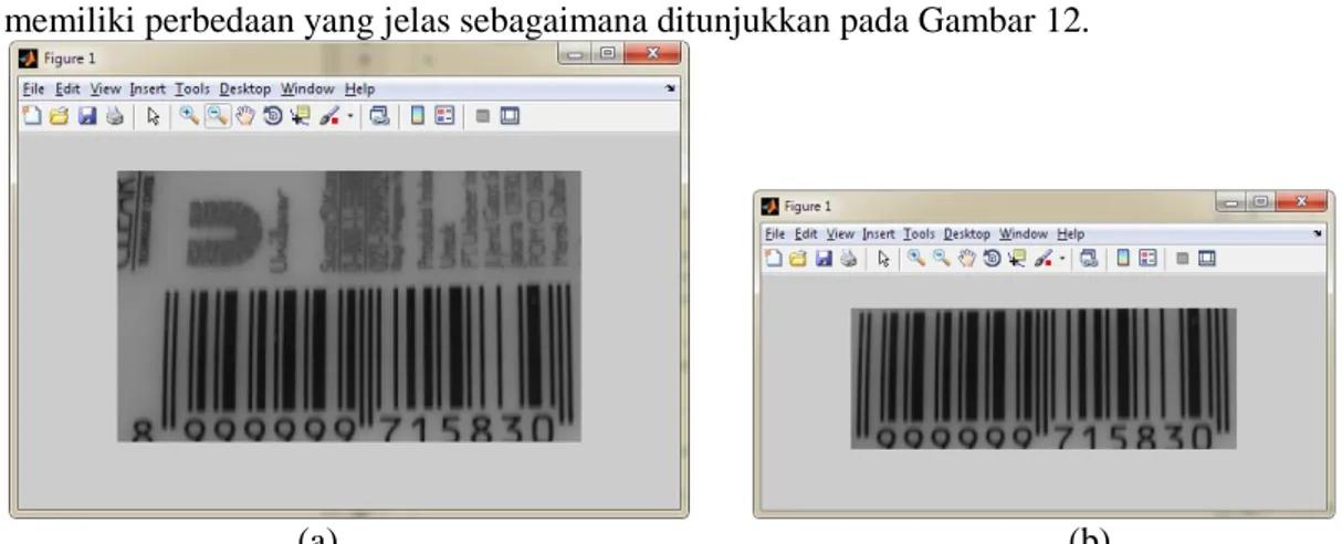 Gambar 12 Hasil perbandingan proses locating barcode  (a) Metode Chai dan Hock                           (b) Metode yang diusulkan 