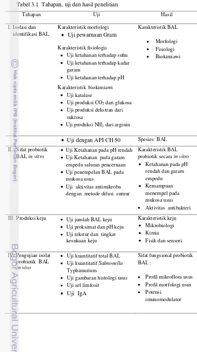 Tabel 3.1  Tahapan, uji dan hasil penelitian 