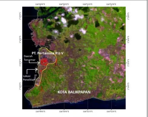 Gambar 2-1: Lokasi  penelitian  di  Balikpapan,  Kalimantan  Timur  yang  ditumpangsusun  dengan  citra  RGB 653 Landsat-8 pada 23 Februari 2014 
