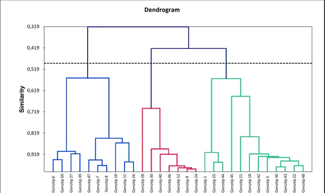 Gambar 1. Dendogram 29 genotip bunga matahari berdasarkan karakter kualitatif  Hasil  analisis  komponen  pada 
