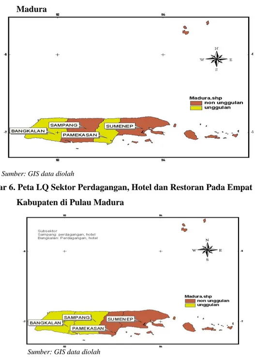 Gambar 6. Peta LQ Sektor Perdagangan, Hotel dan Restoran Pada Empat  Kabupaten di Pulau Madura 