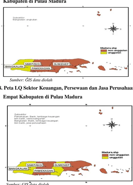 Gambar 8. Peta LQ Sektor Keuangan, Persewaan dan Jasa Perusahaan Pada  Empat Kabupaten di Pulau Madura 