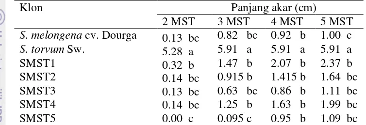 Tabel 5 Rata-rata panjang akar pada keragaan in vitro klon yang diuji  umur 2-5 MST 