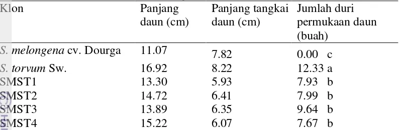 Tabel 10 Rata-rata panjang daun, panjang tangkai daun, dan jumlah duri      permukaan daun klon yang diuji pada kondisi in vivo 5 MST 