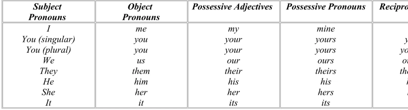 Tabel   berikut   menyajikan   5  jenis   pronoun   (kata   ganti),   yang   berturut-turut   berfungsi  sebagai subject (Subject Pronouns), sebagai object (object pronoun), sebagai adjective  (possessive adjectives), untuk menyatakan kepunyaan (possessive pronouns), dan untuk  menyatakan refleksi diri (reflexive pronouns).