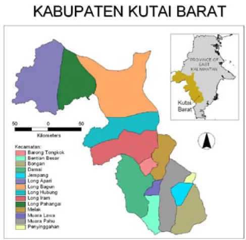 Gambar 1. Peta Administrasi Kabupaten Kutai Barat, Kalimantan Timur  Sumber: Dinas Kehutanan Kutai Barat Diolah oleh YSHK Kaltim, 2005