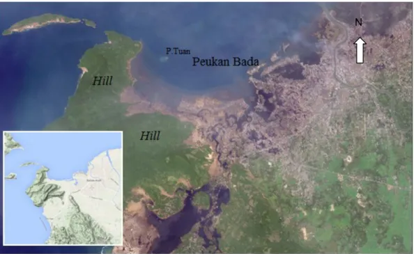 Gambar  1.  Peta  lokasi  Peukan  Bada  Aceh  Besar,  hasil  foto  satelit     IKONOS  setelah  tsunami  29  Desember  2004