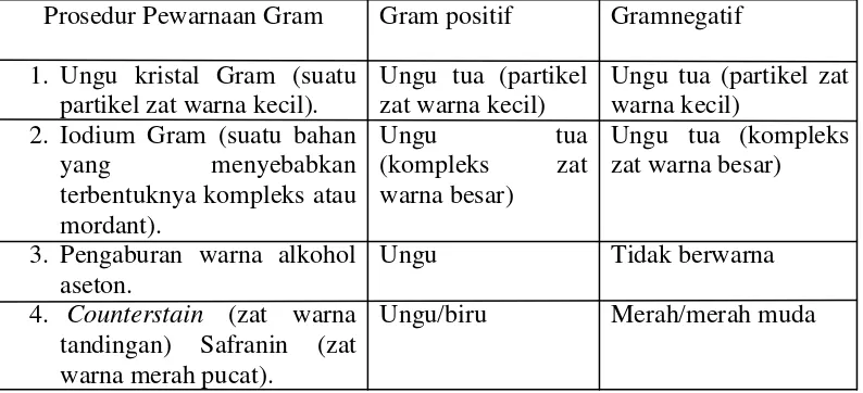 Tabel 2.1 Proses pewarnaan bakteri Gram-positif dan Gram negatif 