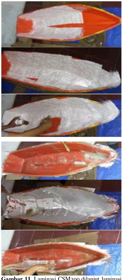 Gambar 8.  Membersihkan moulded hull bagian dalam terhadap debu dan kotoran dengan menggunakan majun 