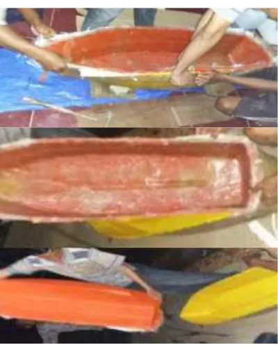 Gambar 13. Produk hull perahu cadik fiber glass skala  kecil yang dikerjakan oleh mitra kelompok nelayan Desa Caringin Kecamatan Labuan Labuan Kabupaten Pandeglang Provinsi Banten 