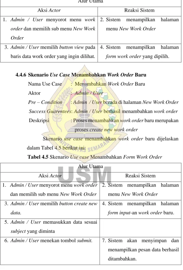 Tabel 4.4 Skenario Use case Melihat Form Work Order  Alur Utama 