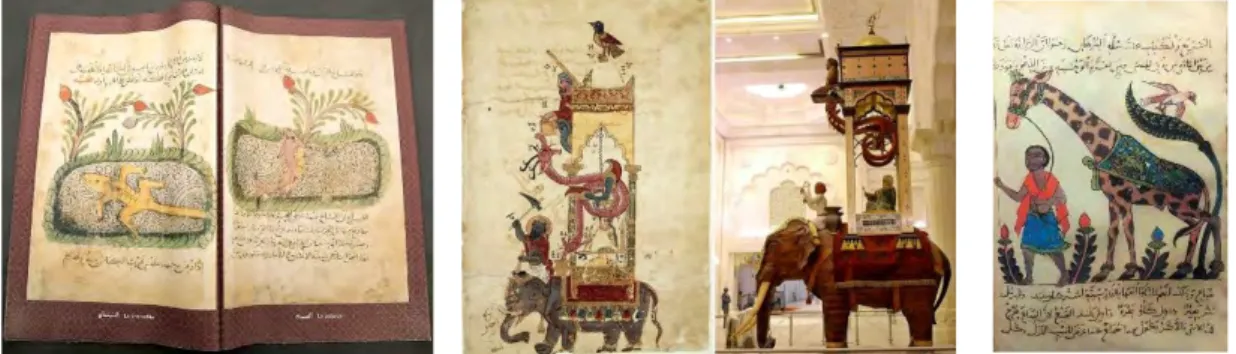 Gambar 3.5 : Dari kiri ke kanan, Kitab Al-Hayawan yang memuat penelitian mengenai hewan-hewan di dunia,  Jam Kerajaan yang dapat bergerak menggunakan teknik robotika sederhana, dan Cuplikan ilustrasi Kitab  Al-Hayawan