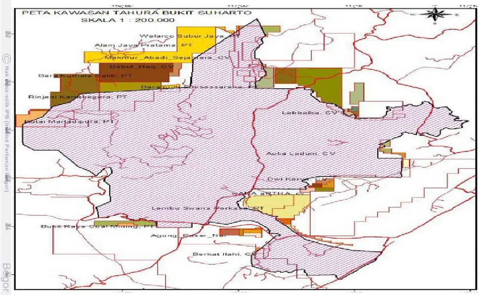Gambar 5.2. Peta Pemanfaatan Lahan oleh Perusahaan Tambang Batubara (Sumber : Pengelolaan Taman Hutan Raya Bukit  Soeharto UPTD Pembinaan dan Pelestarian Alam Tahun 2009)