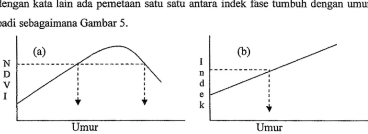 Gambar 5  Hubungan umur tanaman padi dengan NDVI (a) dan dengan indek  fase (b) (Kustiyo, 2003)