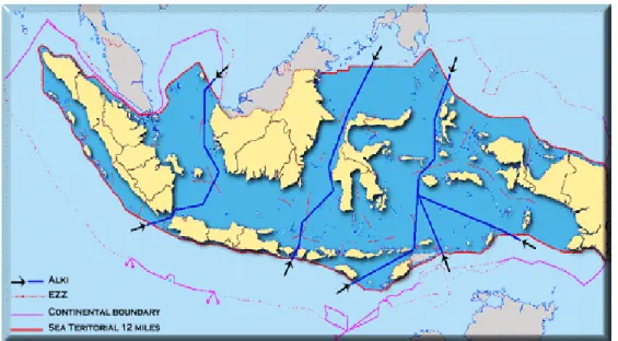 Gambar 4. Peta Alur Laut Kepulauan Indonesia (ALKI) Berdasarkan PP No. 37 Tahun 2002.