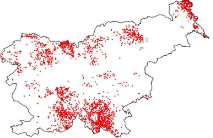 Figure 11: Spatial distribution of one-kilometer-grids where at least one red deer has been extracted in 2004 