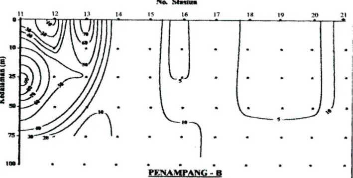 Gambar 4. Sebaran vertikal jumlah sel bakteri (x 106/ml) di perairan timur Kalimantan, Agustus-September 1999