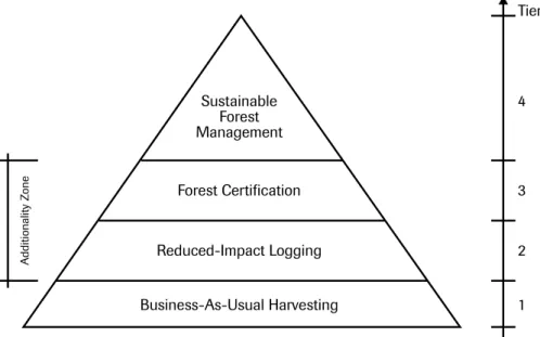 gambar 3: Piramida hirarki tahapan pengelolaan hutan berbasis manajemen karbon Sumber: Forest 2012, 3, 59-74; doi : 10.3990/f3010059