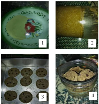 Gambar 4.1 Proses pembuatan choco chip jewawut. 1: tepung jewawut, 2: pencampuran  adonan, 3: choco chip siap dioven, 4: choco chip yang telah matang