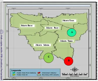 Gambar 2  Peta lokasi penelitian : Hutan kota  PT JIEP Pulogadung (A);        Arboretum Cibubur (B) dan Universitas Indonesia (C)