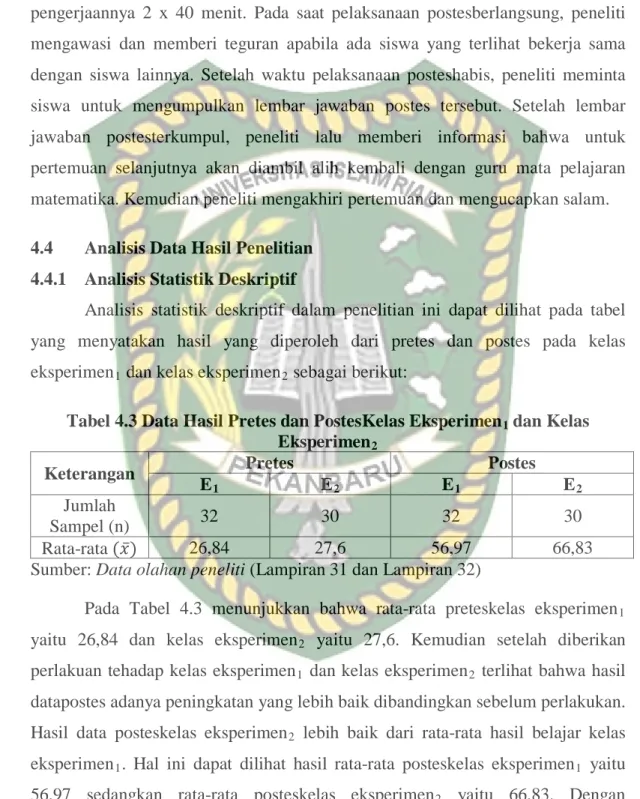 Tabel 4.3 Data Hasil Pretes dan PostesKelas Eksperimen 1  dan Kelas  Eksperimen 2