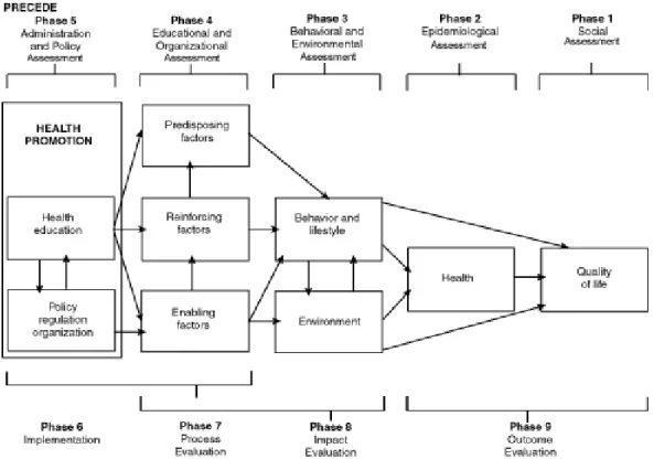 Gambar 1. Skema PRECEDE-PROCEED (Green dan Keuter, 1991)  Adapun  secara  faktual,  pendekatan  yang  dilakukan  meliputi  observasi  pendahuluan,  kerja  sama  dengan  pihak  terkait,  pelaksanaan  program,  pendampingan  dalam  rangka  menjamin  keberlan