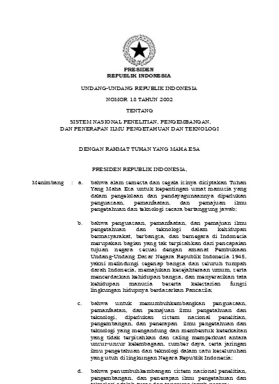 UNDANG-UNDANG REPUBLIK INDONESIA NOMOR 18 TAHUN 2002 TENTANG SISTEM ...