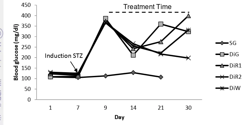 Figure 1. Average of  blood glucose of treated rats (day 1 first level of blood glucose ;  day 7, STZ induction, the 9th-21th day  treatment time with roselle (DiR1,DiR2); with glibenclamide (DiG); control (SG) and negative  (DiW)