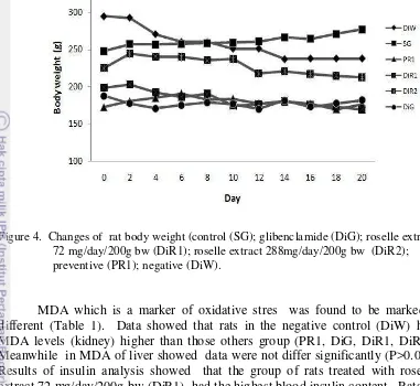 Figure 4.  Changes of  rat body weight (control (SG); glibenclamide (DiG); roselle extract 