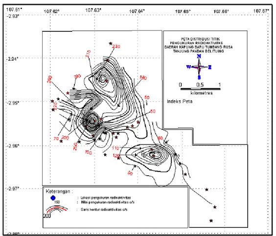 Gambar 7. Peta kesamaan nilai radioaktivitas tanah pelapukan daerah Tumbang Rusa  dan sekitarnya, Tanjung Pandan, Belitung 