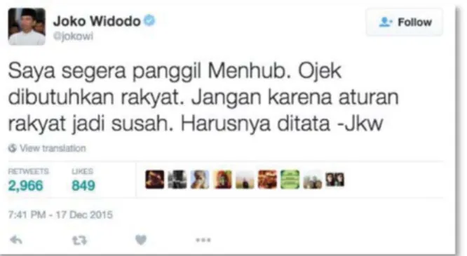 Gambar 1.2. Tweet dari akun resmi Twitter Presiden Jokowi  menanggapi larangan transportasi online oleh Kementrian Perhubungan