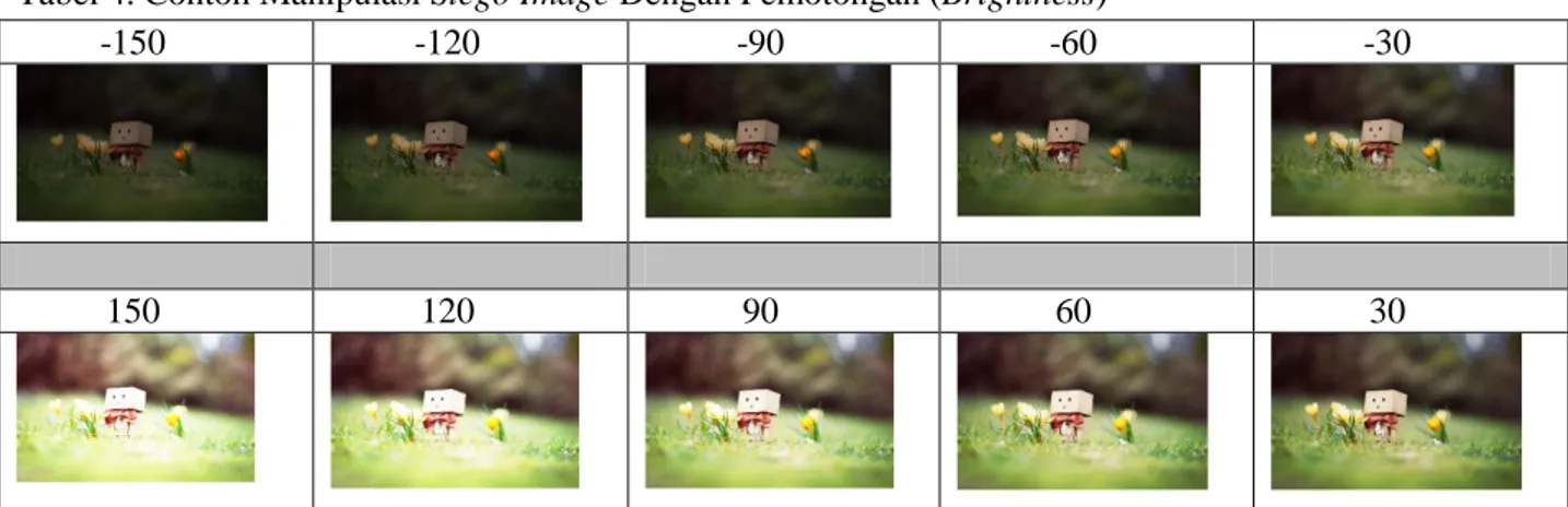 Tabel 4. Contoh Manipulasi Stego Image Dengan Pemotongan (Brightness) 