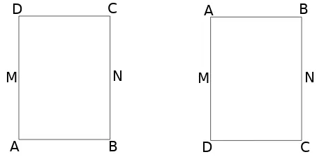 Gambar 4: Persegi panjang ABCD dibalik menurut sumbu MNmenghasilkan persegi panjang DCBA