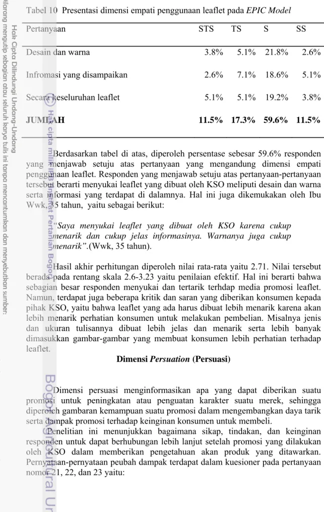Tabel 10  Presentasi dimensi empati penggunaan leaflet pada EPIC Model 