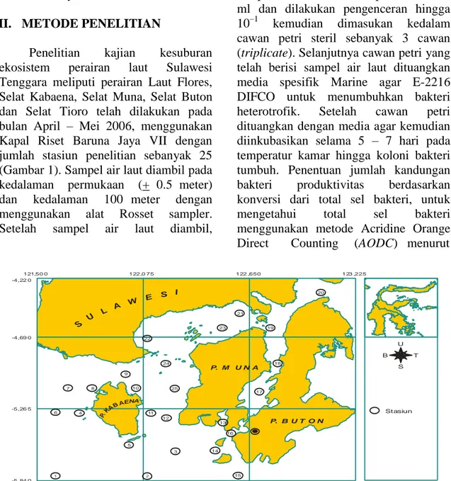 Gambar 1. Lokasi penelitian di perairan Laut Flores, Selat Kabaena, Selat Muna, Selat  Buton  dan  Selat  Tioro,  Sulawesi  Tenggara  pada  bulan  April  –  Mei  2006
