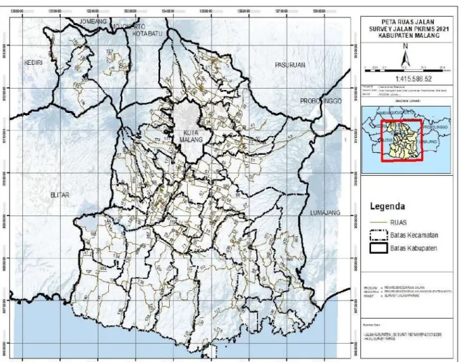 Gambar 2 Peta Ruas Jalan Kabupaten (K1) dan Jalan Kota Kabupaten Survey Jalan  PKRMS Kabupaten Malang 2021 