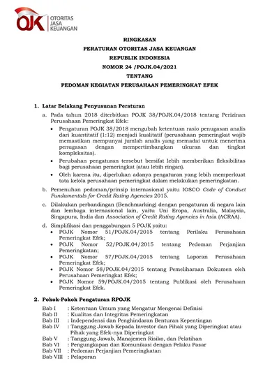 RINGKASAN PERATURAN OTORITAS JASA KEUANGAN REPUBLIK INDONESIA NOMOR 24 ...