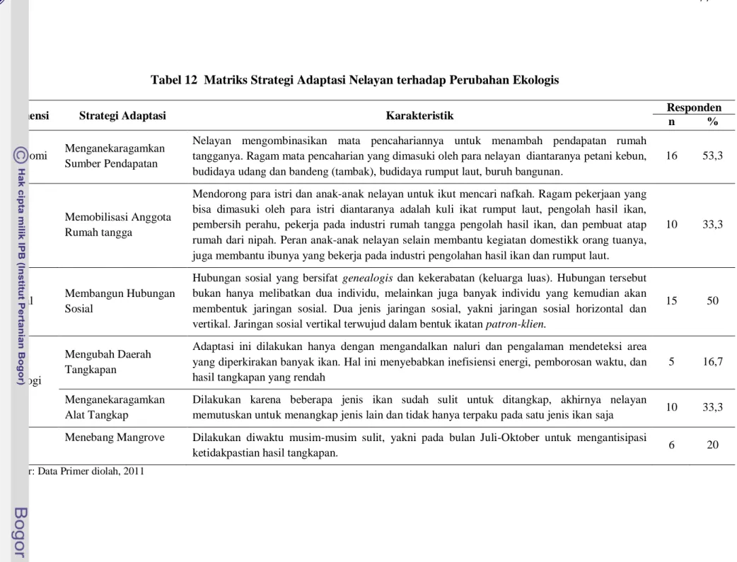 Tabel 12  Matriks Strategi Adaptasi Nelayan terhadap Perubahan Ekologis 