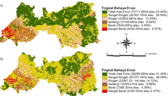 Gambar  2.  Peta  Tingkat  Bahaya  Erosi  :  (a)  Kondisi  aktual  tahun  2009  (b)  Kondisi  RTRW  tahun  2030  Kabupaten Probolinggo 