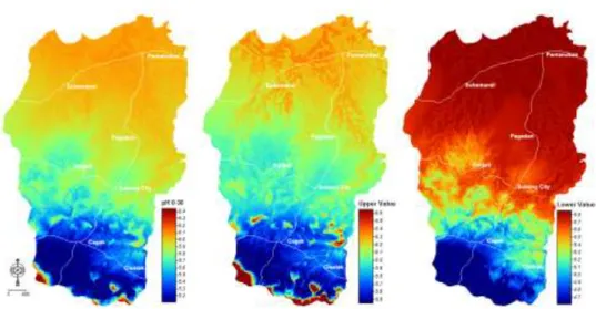 Gambar  3  menunjukkan  contoh  penyajian  peta  pH  tanah  yang  dibuat  dari  model  tanah-lanskap di Kabupaten Subang, Jawa Barat