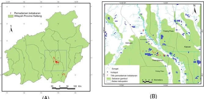 Gambar 1 Lokasi penelitian di Provinsi Kalimantan Tengah, (A) kotak biru merupakan  wilayah studi, (B) fokus wilayah penelitian 