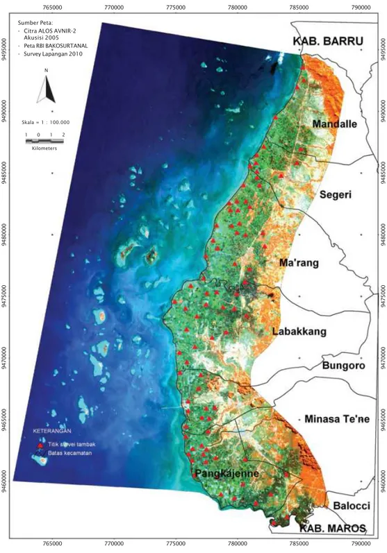 Gambar 1. Peta titik-titik pengambilan contoh tanah di tambak Kabupaten Pangkep Provinsi Sulawesi Selatan