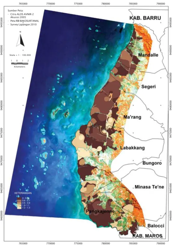 Gambar 2. Peta distribusi spasial berat volume tanah di tambak Kabupaten Pangkep Provinsi Sulawesi Selatan