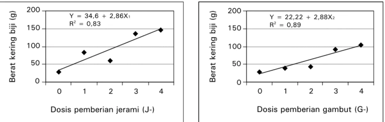 Gambar 2.  Regresi hubungan antara berat kering biji dan takaran pemberian bahan  amelioran jerami dan gambut 