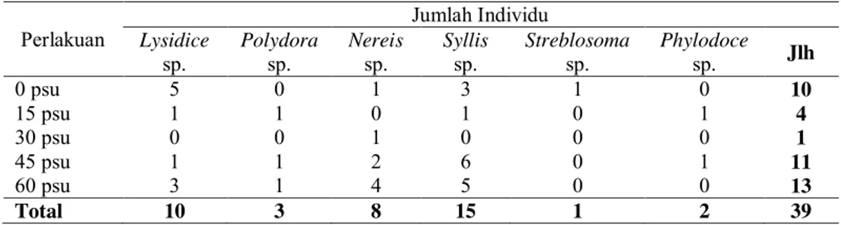 Tabel 2.  Jenis  dan  jumlah  individu  polikaeta  yang  keluar  dari  cangkang  tiram  mutiara  setelah diberi perlakuan 